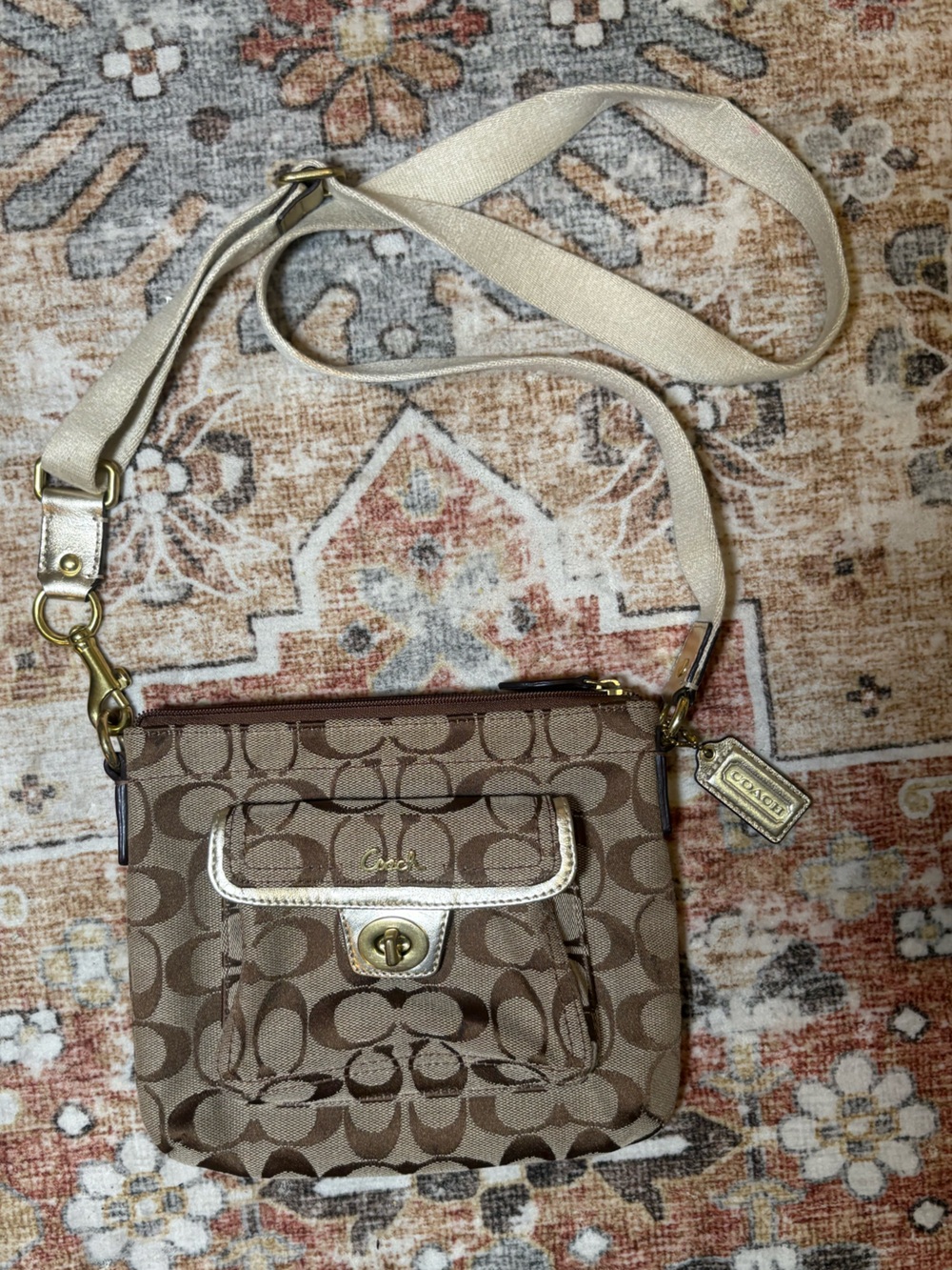 Coach Penelope Signature Crossbody Bag Metallic Gold Leather Trim